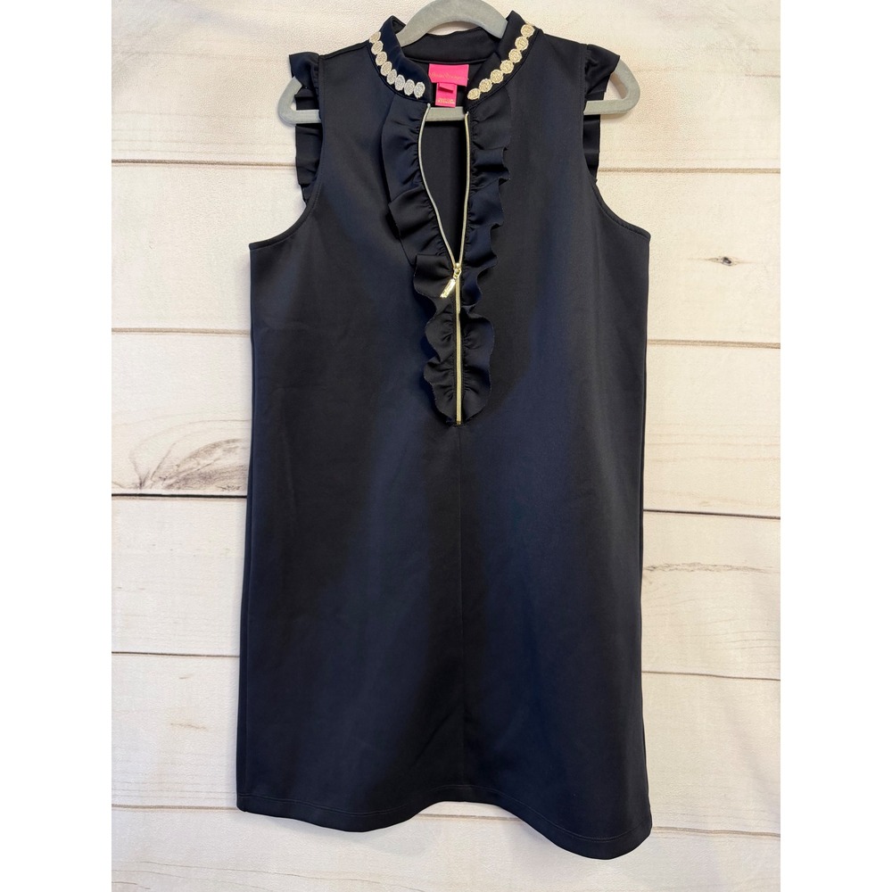 Lilly Pulitzer Black Ruffle Zip Neck Shift Dress Gold Embroidery XL 12-14